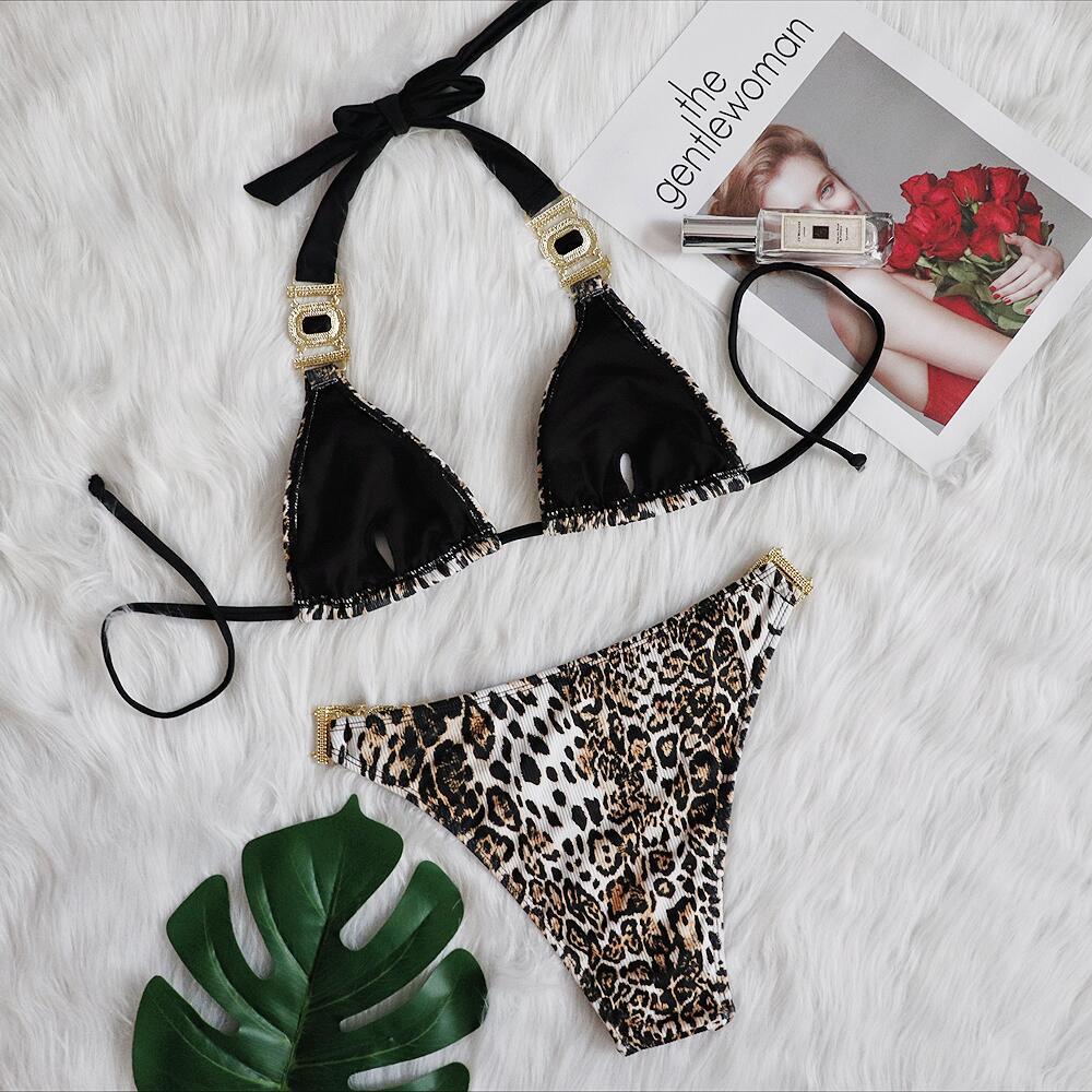 Bikini Swimsuit Female Style Sexy Leopard Diamond Low Waist Gathering Swimsuit