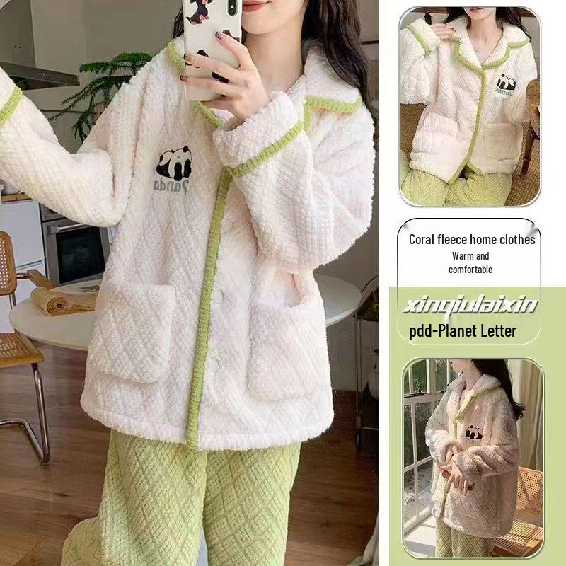 Women's Cute Panda Fleece-Lined Robe - Thick, Cozy Autumn/Winter Pajamas