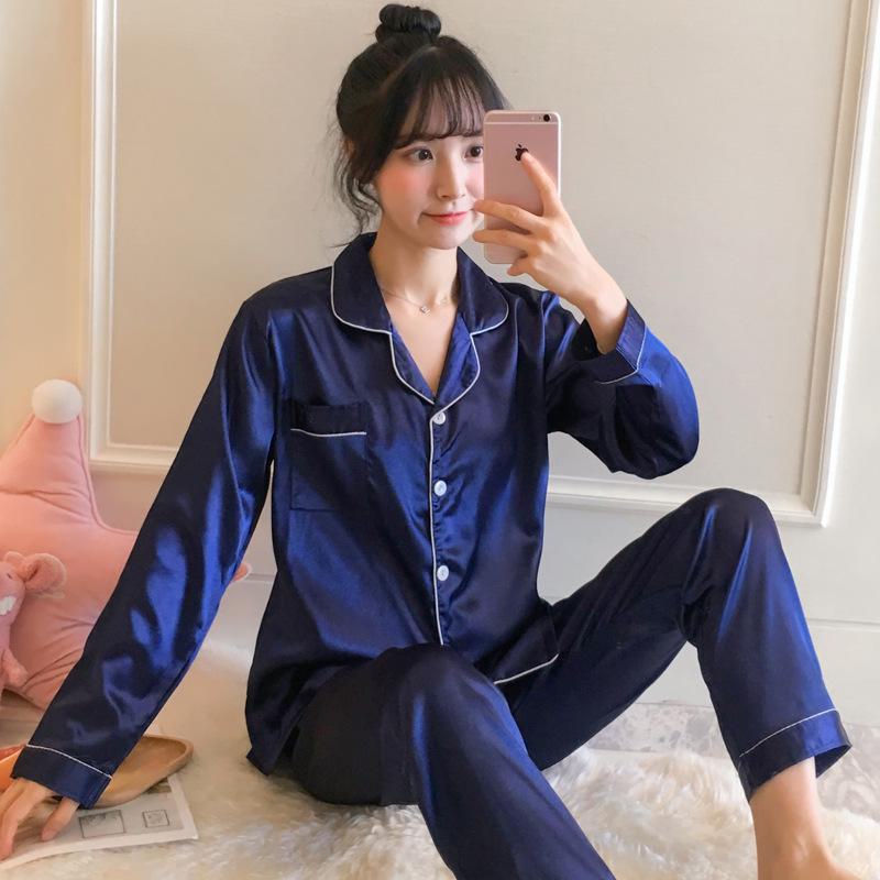 Langärmliges Pyjama-Set aus Seidenimitat mit Revers für Damen in Übergröße