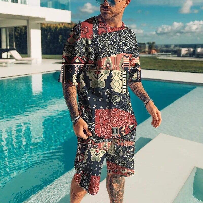 Personality Harajuku 3D Men's T-shirt Sets Casual Streetwear Oversized T-Shirt Shorts 2 Piece Set Summer Tracksuit Man Clothing