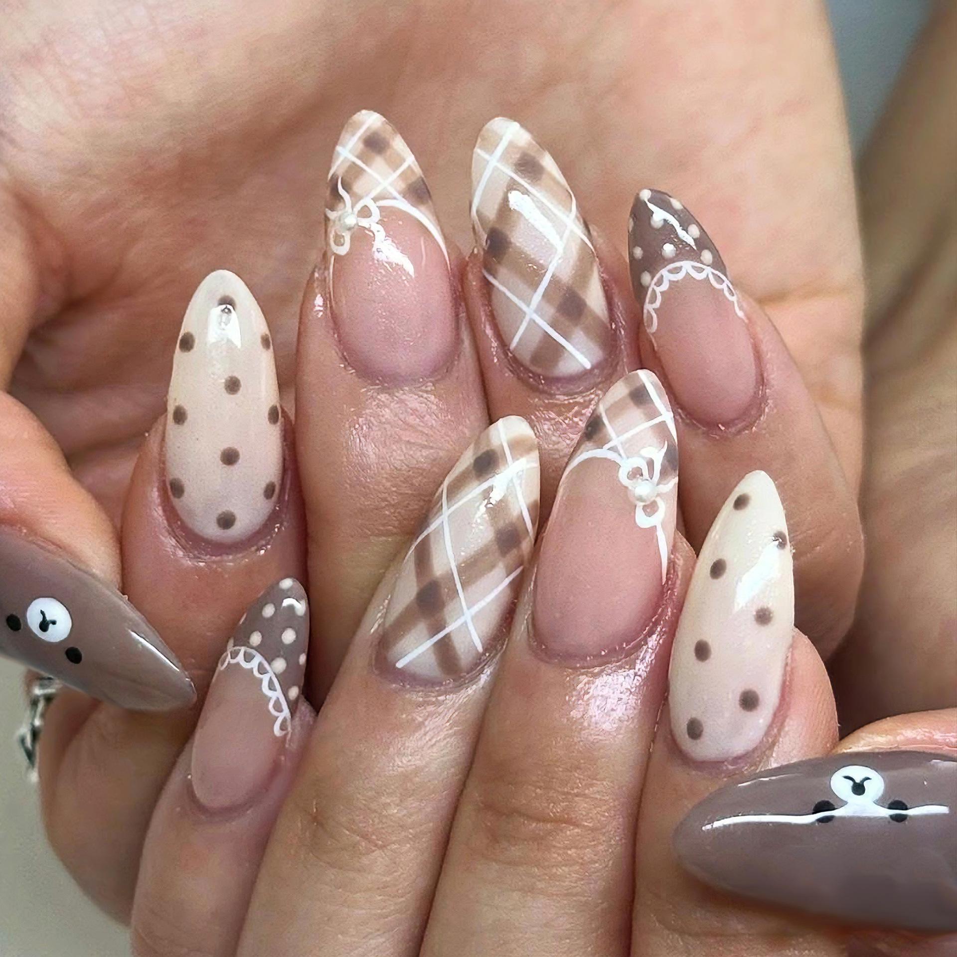 30PCS Cute Bear and Bow French Plaid Polka Dot Nail Art Tips Finished Strips (Three Full Diamond Tips)
