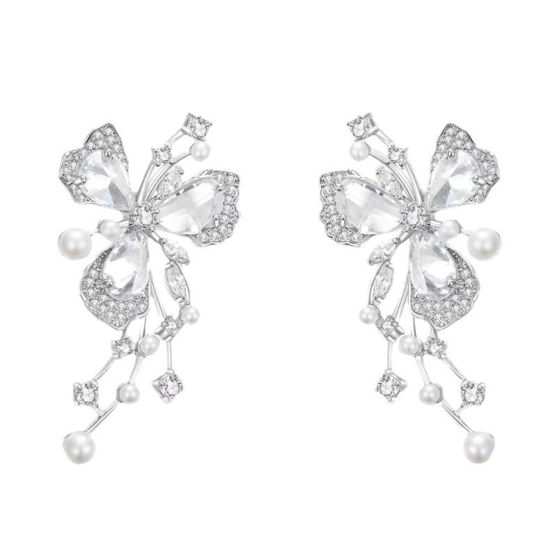 Flower Pearl Rhinestone Korean Earrings - 925 Silver Studs, Women's Fresh & Sweet Fashion Jewelry