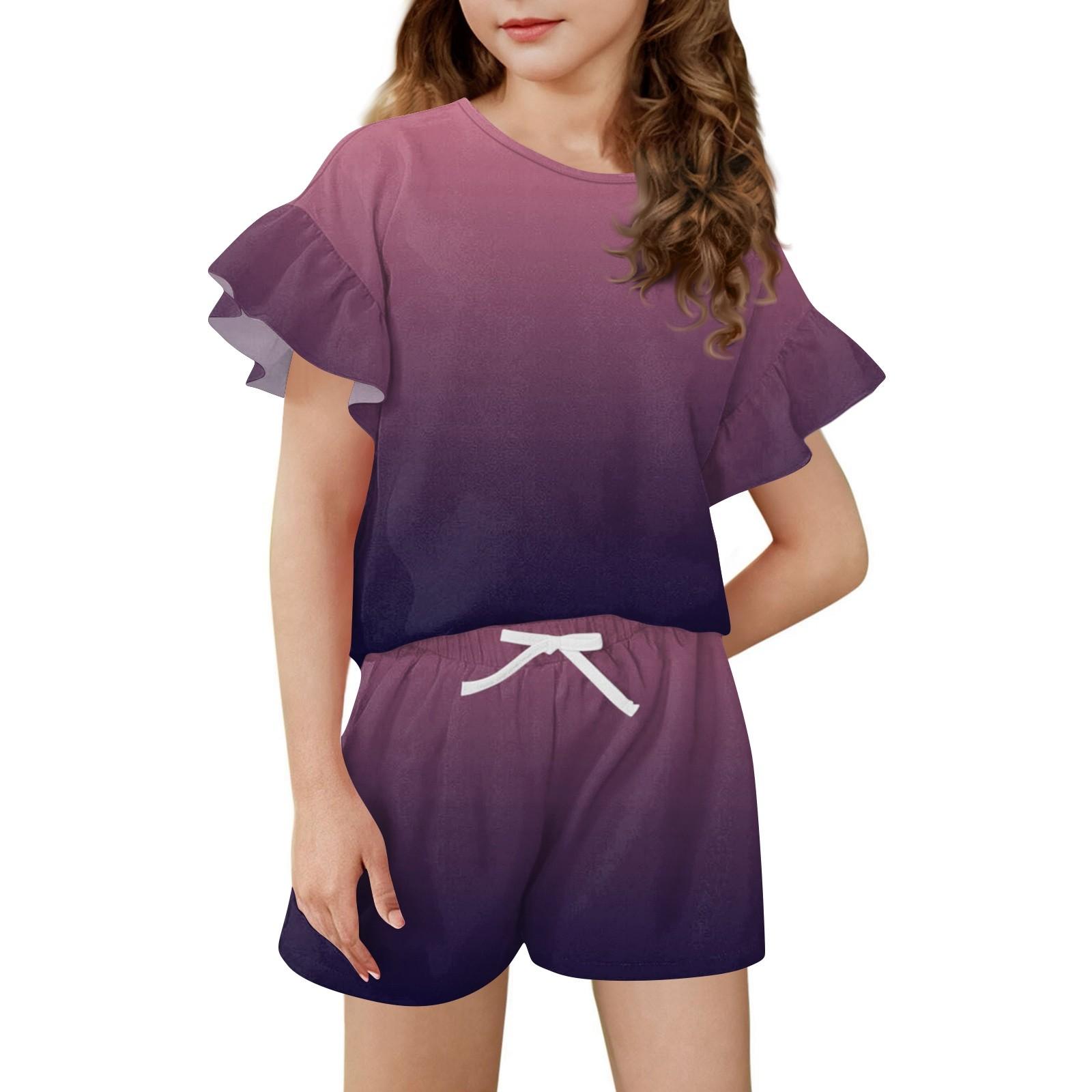

Girls Summer Outfit Ruffle Sleeve Top And Shorts Clothing Set Lightweight Casual Two Piece 160 фиолетовый
