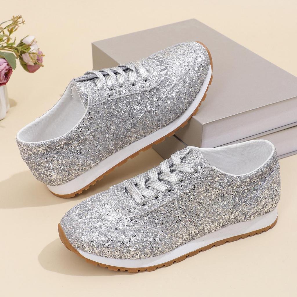 2025 Women's Plus Size Sequined Lace-up Casual Sport Shoes