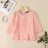 ZANZEA Women Casual Round Neck 3/4 Sleeve Loose Patchwork Crochet Blouse