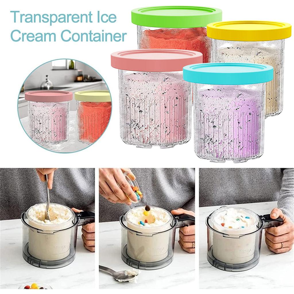 4 stk. Iskrempintbegre for NC500 NC501 Ninja- Creami-serien Iskremmaskin Erstatninger Oppbevaringskrukke med Lokk