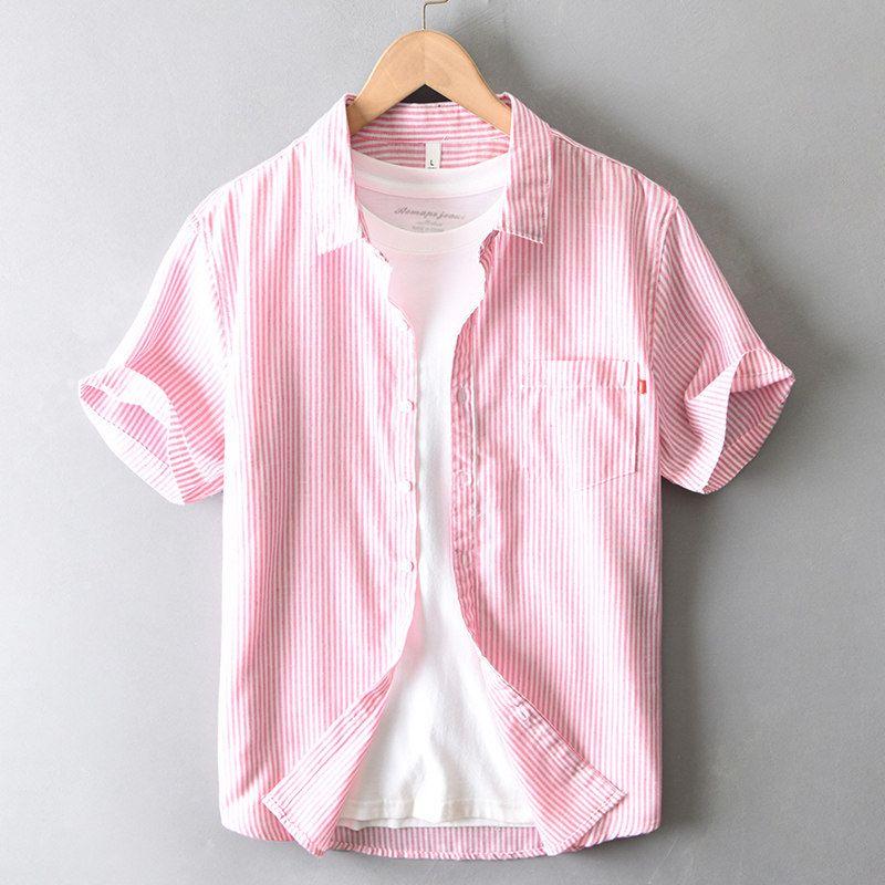 Summer Japan fashion Retro Vertical Stripes Short sleeve Shirts Men's Casual Thin Half Sleeve Shirt New Washed Bunchy Yarn