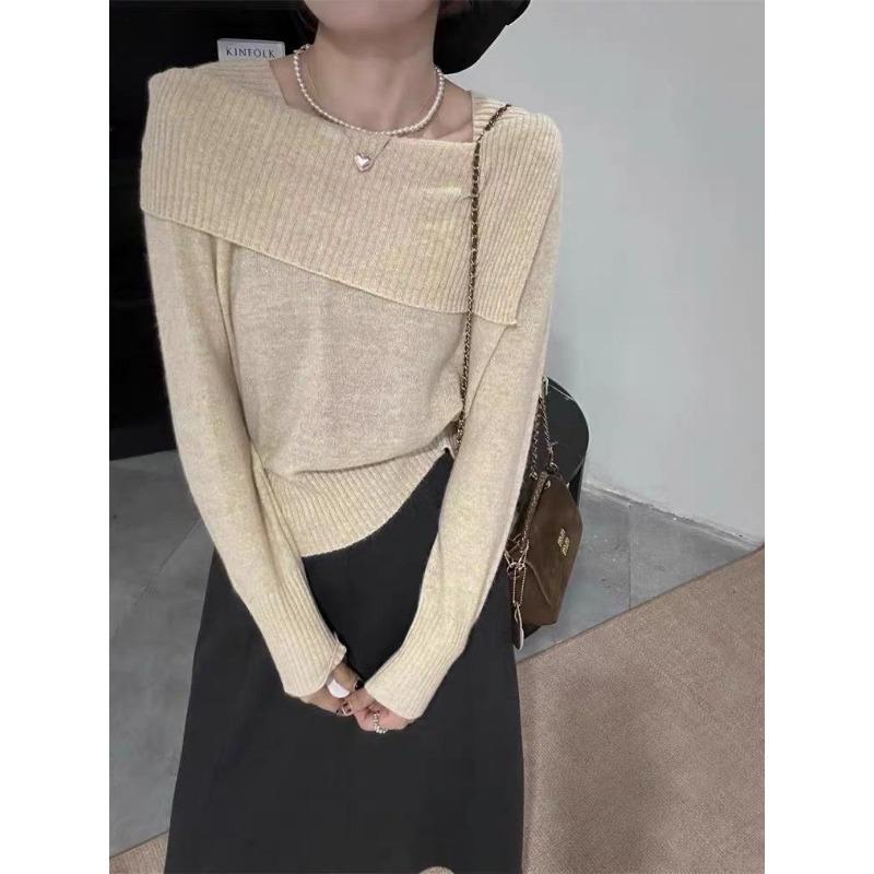 Design sense one-word shoulder thin knitted bottoming shirt women's autumn and winter new fashion solid color inner pullover sweater