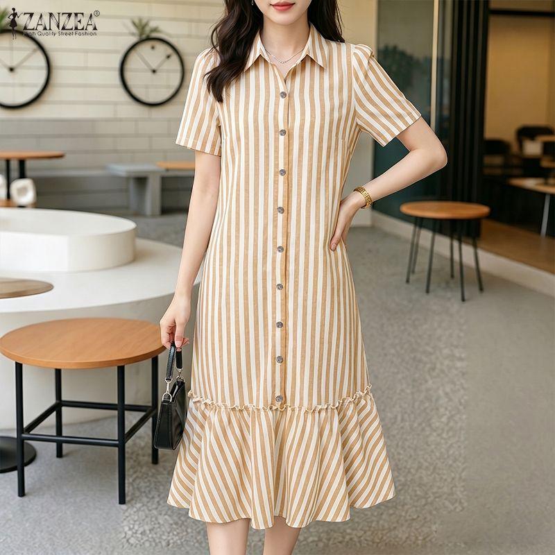 ZANZEA Women Casual Turn Down Collar Short Sleeve Stripe Shirt Dress