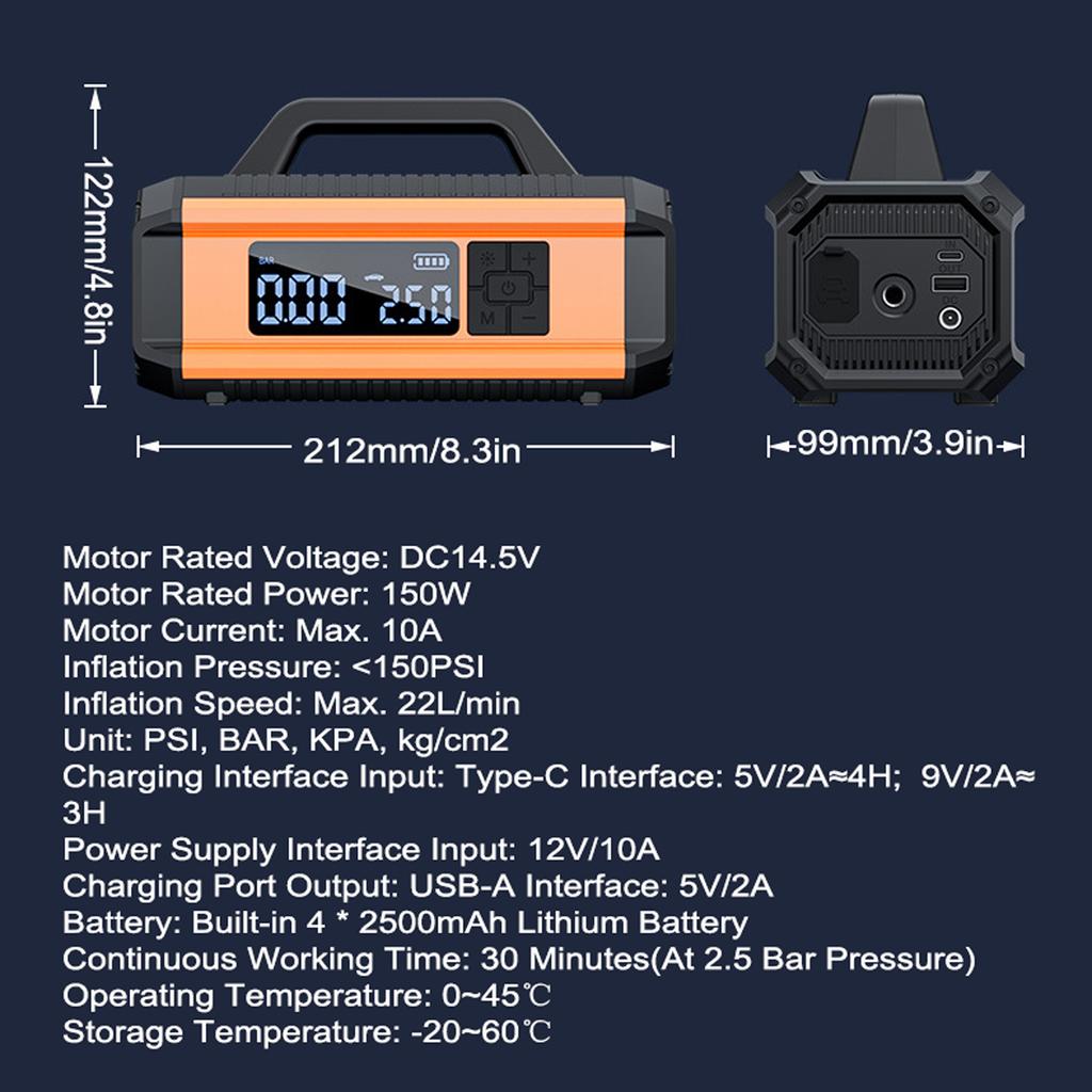 Multifunctional Jump Starter with AirCompressor Portable Wireless 150PSI Inflatable Pump 10000mAh