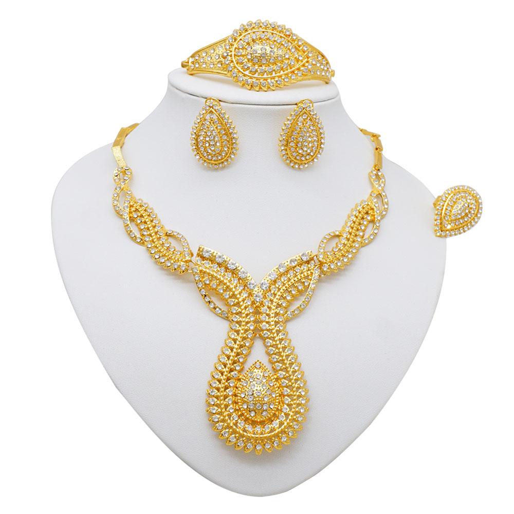 Fashion Indian Dubai Gold Color Jewelry Sets Big Necklace Earring Ring Bracelet Sets For Women African Bridal Wedding Gifts