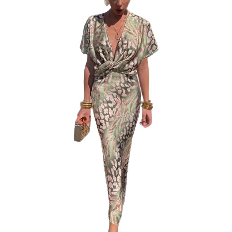 Spring new women's clothing, Europe, America, fashion knot printing sexy V-neck high-waisted dress