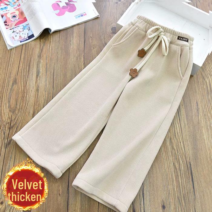 Pantaloni de catifea reiată cu picior larg pentru fete - Groși, eleganți și casual pentru toamnă/iarnă