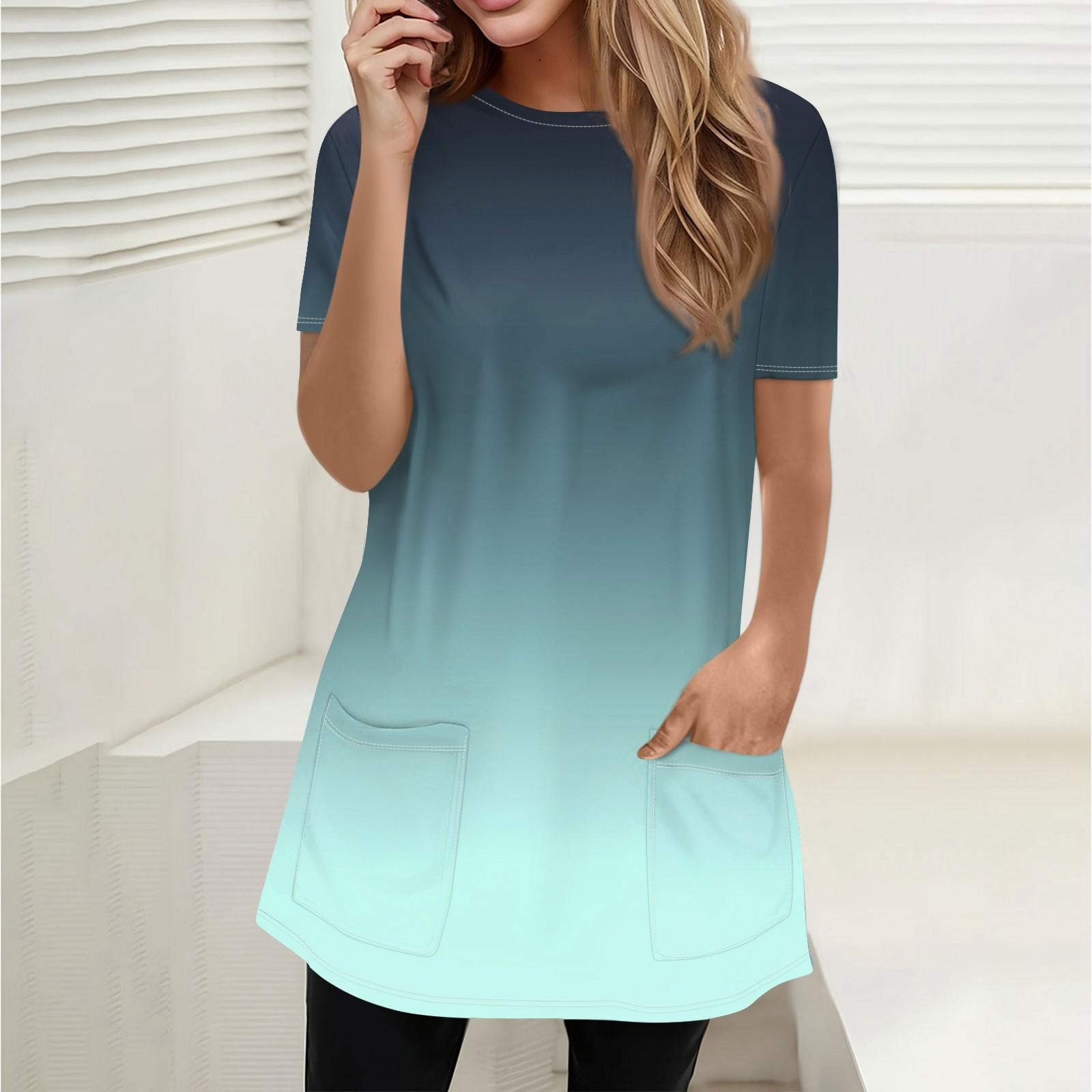 Жен. Футболка Футболка С принтом С короткими рукавами Повседневные Выходные Мода Классический Круглый вырез Карманы Обычный Топ M циан