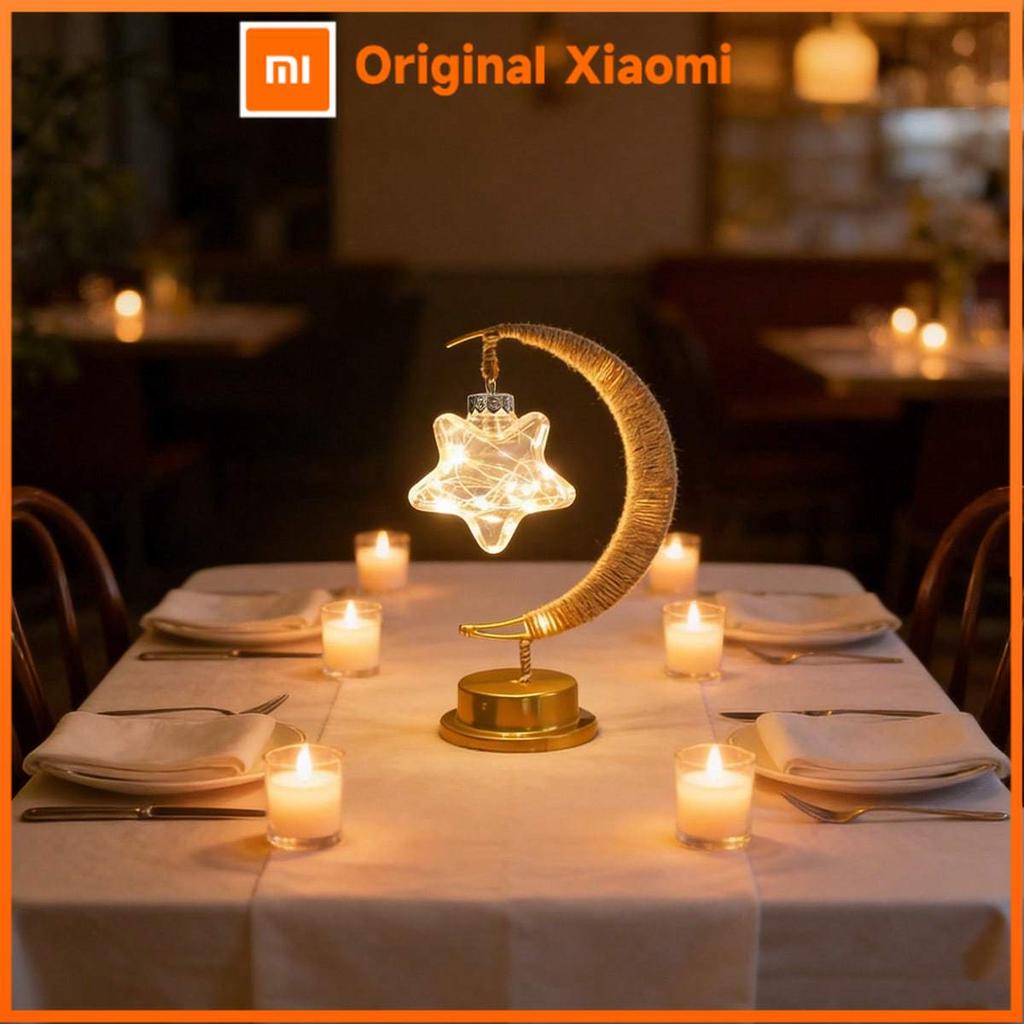 Xiaomi 1pc Ramadan Table Lamp Gold Moon Decorative Night Light With Hanging Star or Ball Battery Powered Perfect For Home Bedroom Decor