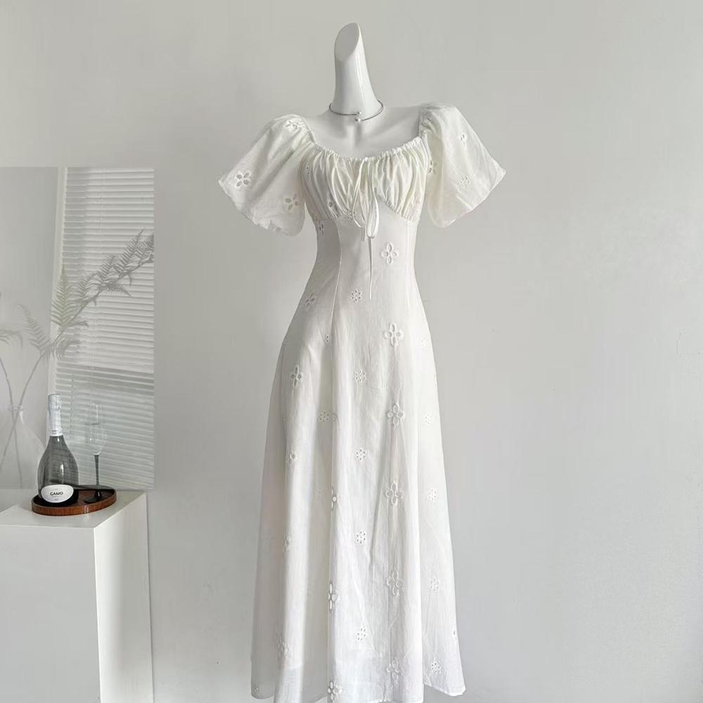 Square collar bubble sleeve dress women's summer leisure temperament gentle wind vacation hollow long skirt