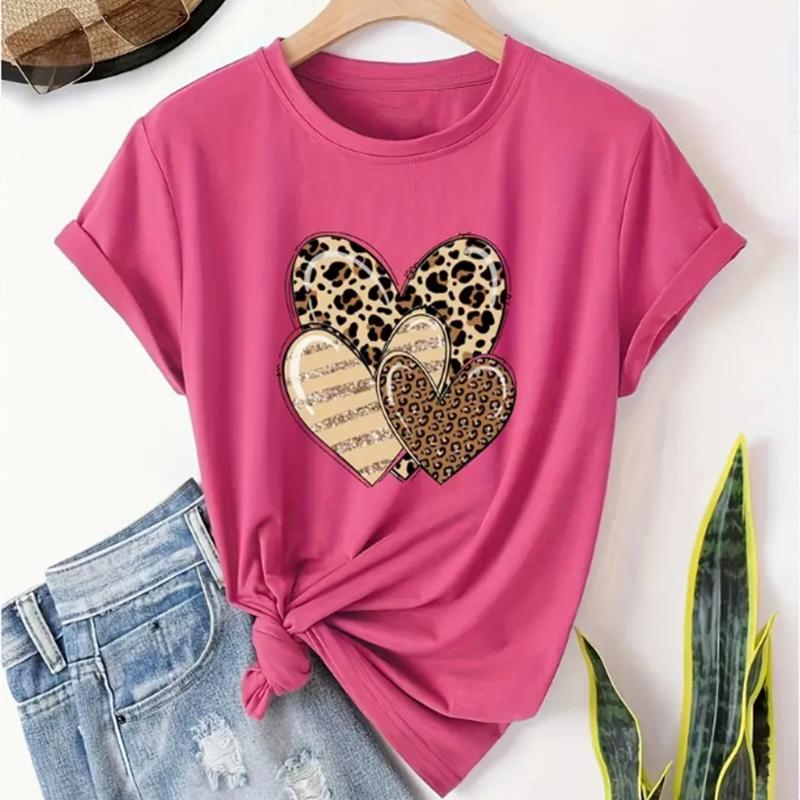 Leopard Heart Print T-Shirt Casual Crew Neck Short Sleeve Top For Spring & Summer Women's Clothing