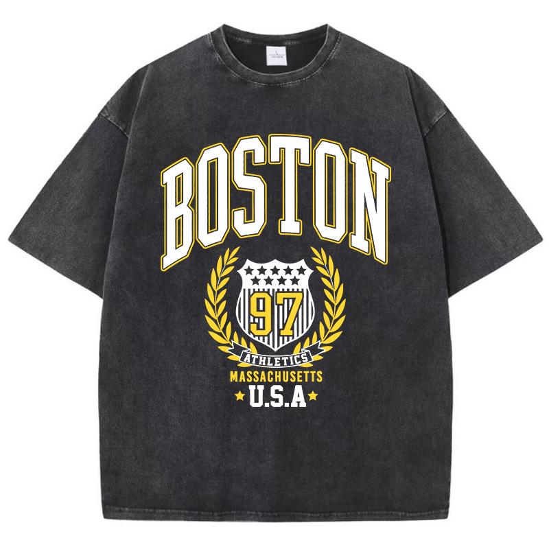 Vintage Womans Acid Wash T-Shirts Boston Athletics Badge Prints Tops Crewneck Cotton Oversize Tee Shirts Clothes