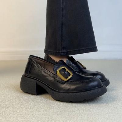 Piele de oaie~ talpă groasă silențioase feminine retro cataramă aurie stil colegial un singur pas piele naturală toc gros pantofi mici din piele britanici