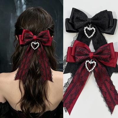 Punk Theme Bowknot Hair Clip with Lace and Love Heart Charm Pendant Decorative Barrette for Women Teens Anime Event