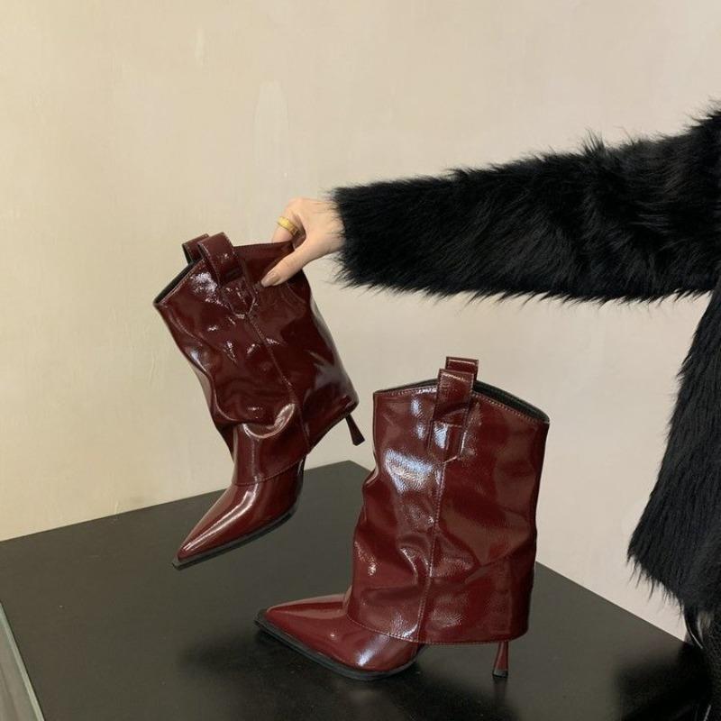 Herbst Lackleder Feine Stiefel mit Schaft Mode Spitze Zehen Schaft Rutschfest Verschleißfest Stiefeletten