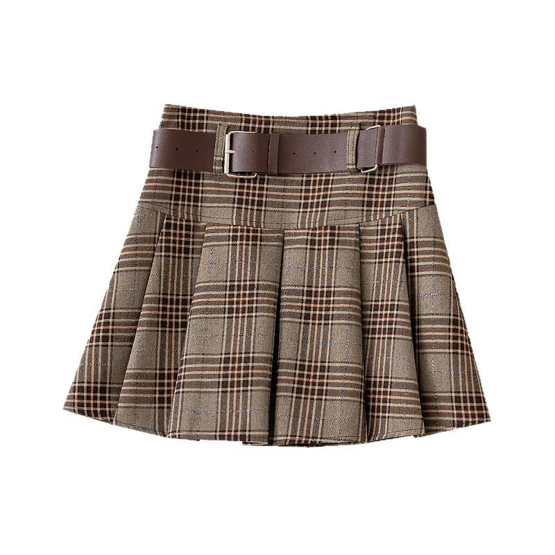 2025 Women's High Waist Brown Plaid Pleated Skirt - Slimming College Style Autumn Short Skirt