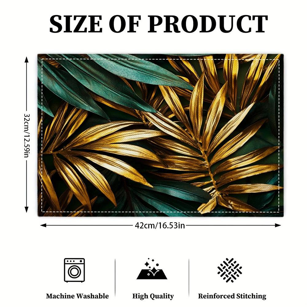 Jit4pcs 2D FLAT Digital Print Placemats, Golden Green Intercalated Plant Leaves, Light Luxury Style Pattern Printed Placemats, Making Your Dining Room