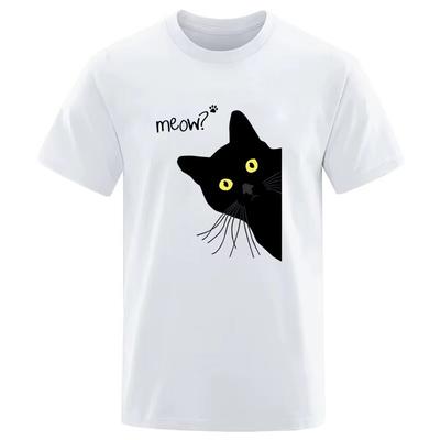 2025 Meow Black Cat Funny Printing Men TShirts Tees Clothes Summer Streetwear Tops Male High Quality Loose Cotton Short Sleeve