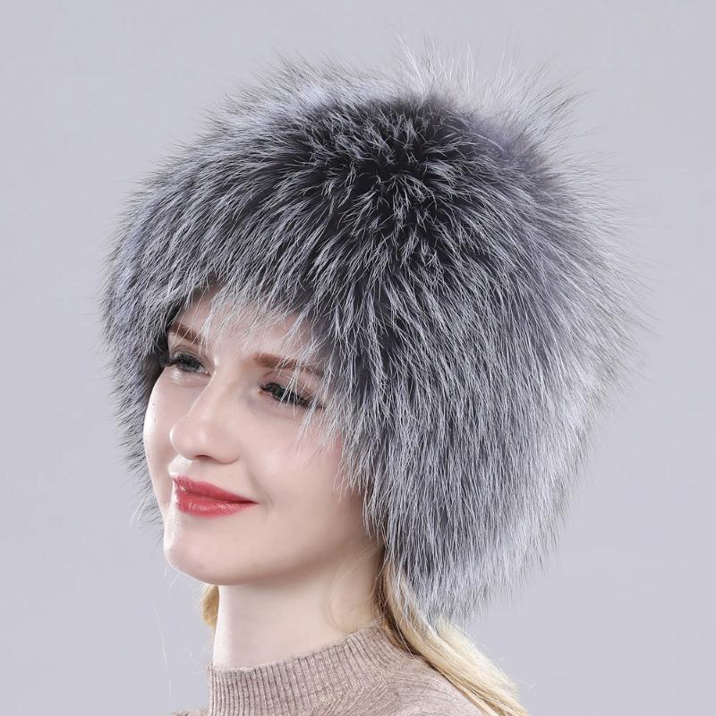 New Russia Winter Real Fur Hat Outdoor Warm Knitted Women Real Fox Fur Bomber Hats Lady Luxury Quality Genuine Fox Fur Caps