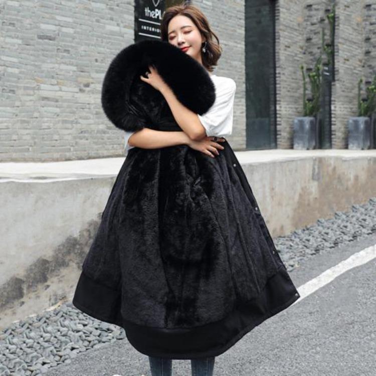 Winter Plus Size Jacket Women Long Sleeve Knee Length Thick Plush Furry Hood Pockets Zipper Button Closure
