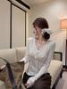 Kumikumi Pure Desire White Lace-Up V-Neck T-Shirt for Women - Autumn Slimming Casual Top