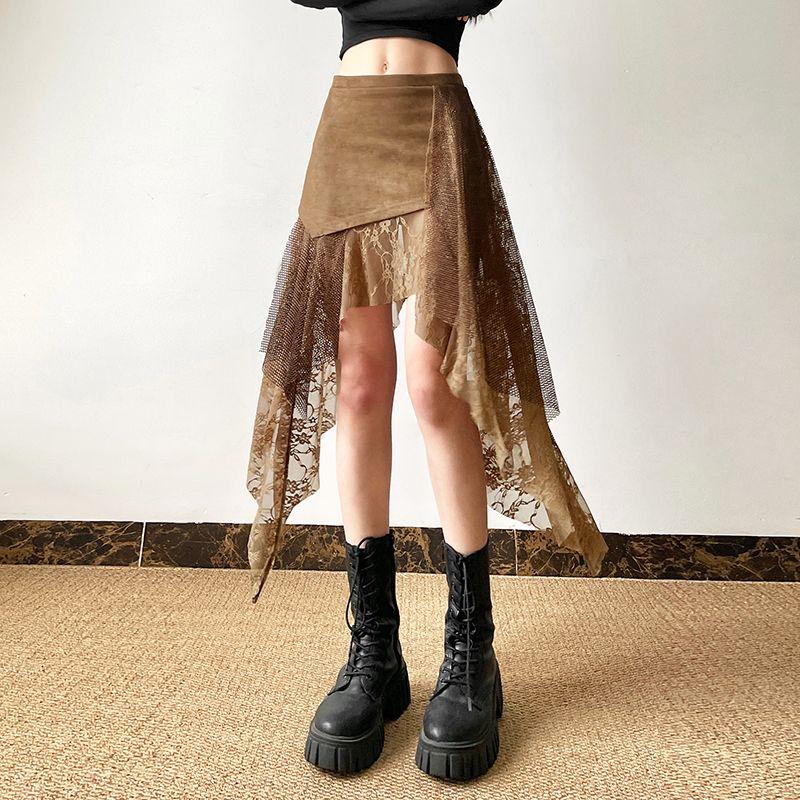 Vintage Lace High Waist Skirt Women Retro Loose Irregular Hem A Line Midi Skirts