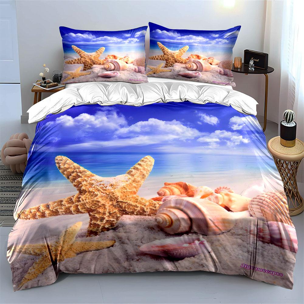 Starfish And Shells On Beach Printed Duvet Cover Set1 Duvet Cover+2 Pillowcasemulti Size Bedroom Bedding Decor Luxury Gifts