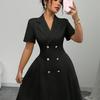 Imported Women's Dress, Waist-Defined Double-Button Gown