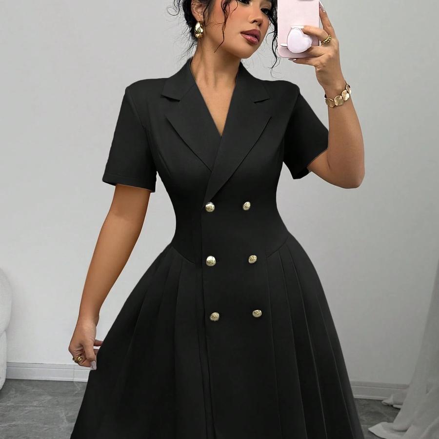 Imported Women's Dress, Waist-Defined Double-Button Gown