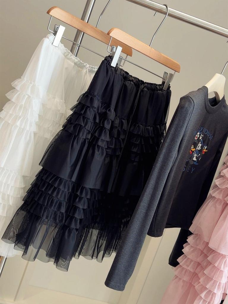 Korean Style Layered Lace Midi Skirt with Elastic Waist - Spring Fluffy Gauze Skirt for Women