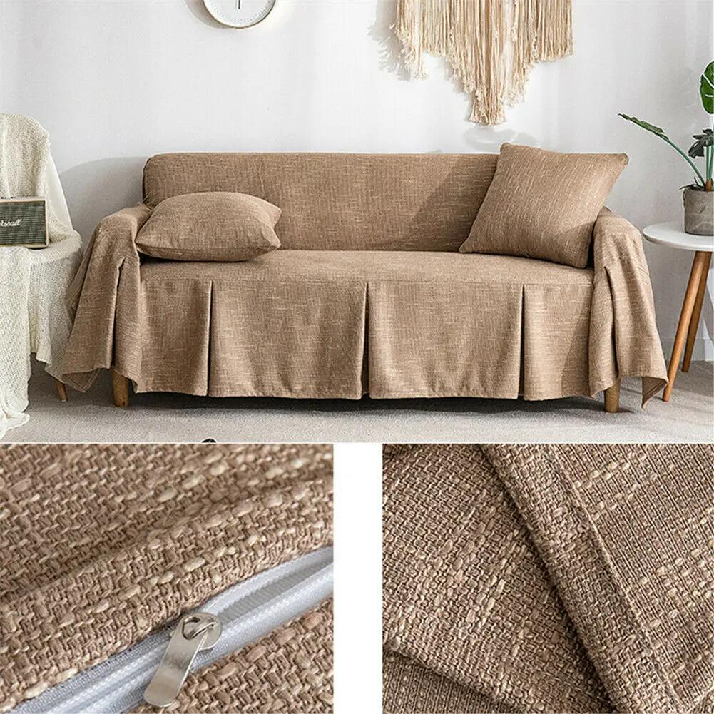 Nordic Style Solid Color Sofa Towel Simple Slipcover for Living Room Sofa Cover with Skirt 1/2/3/4 Seater Four Seasons Universal