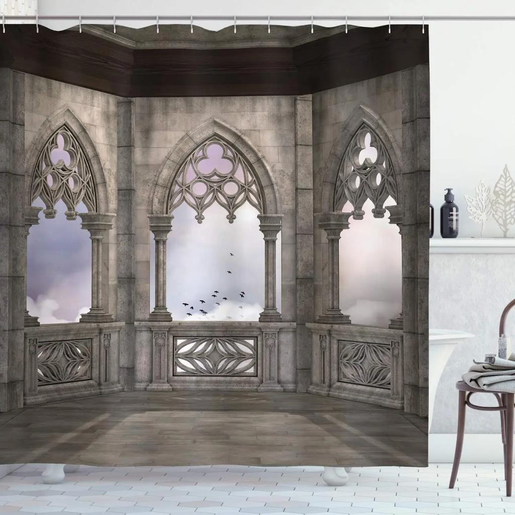 Tenda Doccia Gotica Sala Mistica Oscura con Colonne e Cupola Edificio Santuario Illustrazione Tessuto Stoffa Arredo Bagno con Ganci
