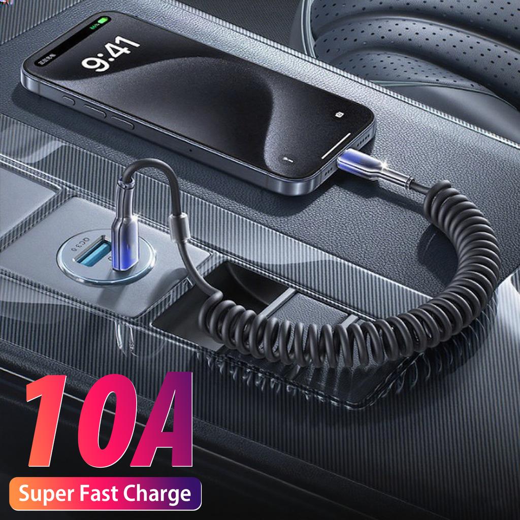 10A USB Type C Fast Charging Cable Spring Telescopic Car Charger Cord For iPhone 17 16 15 Pro Max Xiaomi Huawei USB C Cables