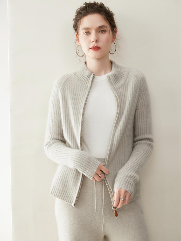 Women's Winter 2026 Double Zipper Slimming Cashmere Cardigan - Half-High Collar Ribbed Gentle Style Outerwear