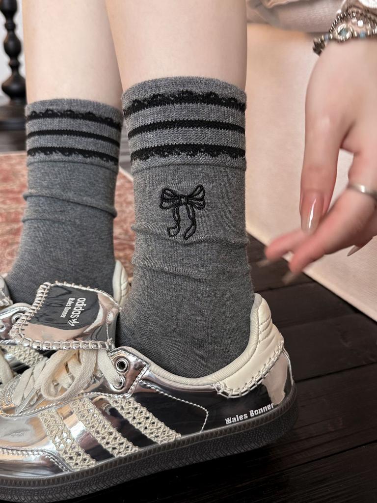 Striped Bow Socks, Socks, Spring And Autumn Cotton Socks, Trendy Korean German Training Shoes, Cute Stockings