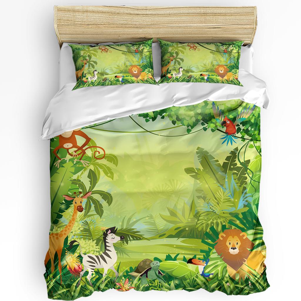 Tropical Jungle Cartoon Animal Giraffe Lion Elephant Duvet Cover Pillow Case Bedding Set Quilt Cover Double Bed Home Textile