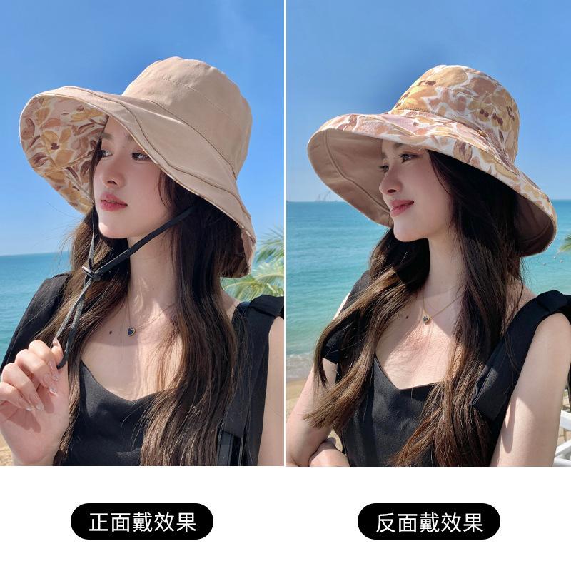 Flower bucket hat women's spring and summer sunscreen sunshade UV protection casual big eaves cover face big head circumference double basin hat