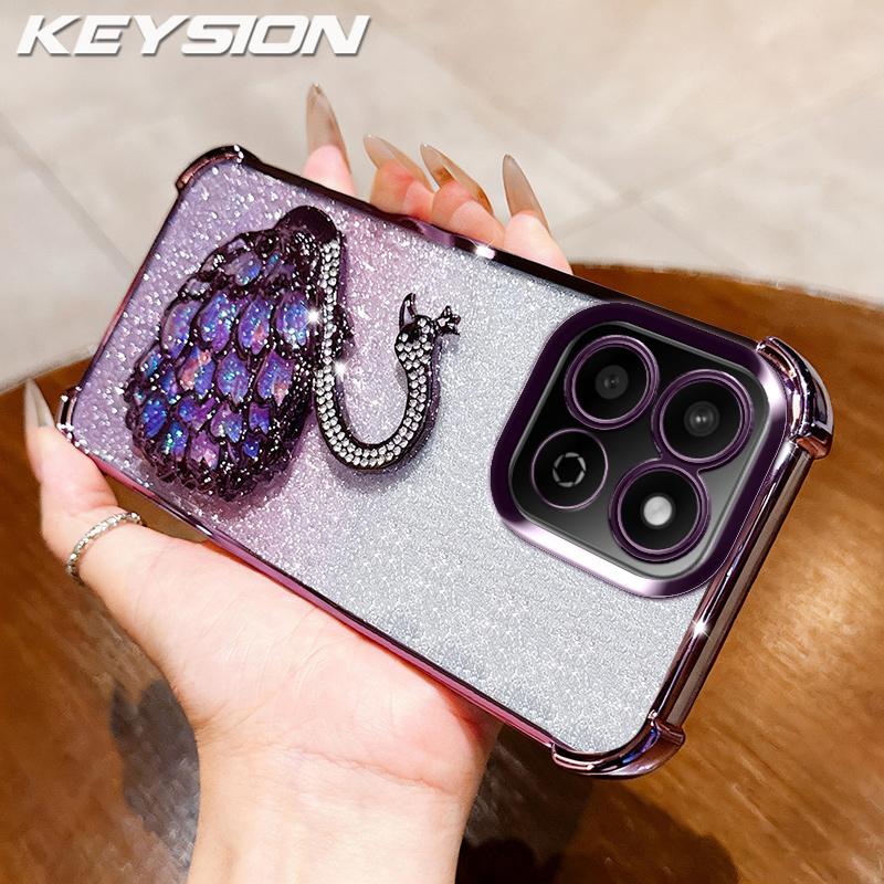 KEYSION Shockproof Plating TPU Phone Case for HONOR X7c Glitter Jewelled Swan kickstand Back Cover for Honor 200 Smart 5G