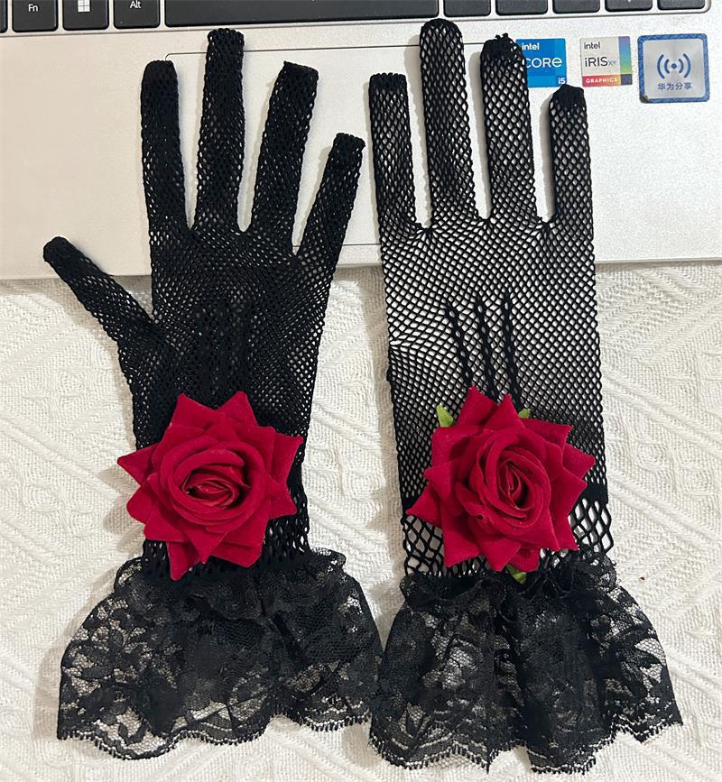 Sexy Rose Fischnetz Aushöhlen Handschuhe Spitze Dünne Handschuhe Hochzeit Bühnenperformance Po Requisiten