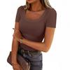 New European and American Popular Thread Pit Strip Sexy Slim Long Short-sleeved Square Collar Women's T-shirt Spice Girl