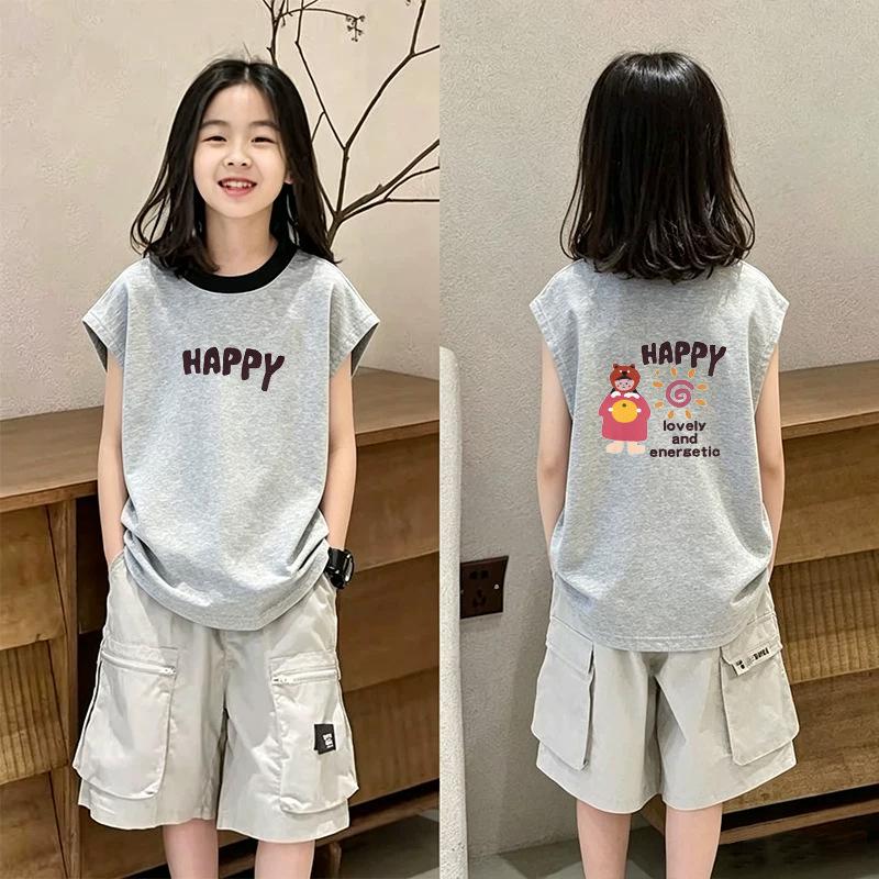 Korean Style Color Block Sleeveless T-Shirt for Girls (Ages 6-12) - Pure Cotton, Summer, Loose Fit