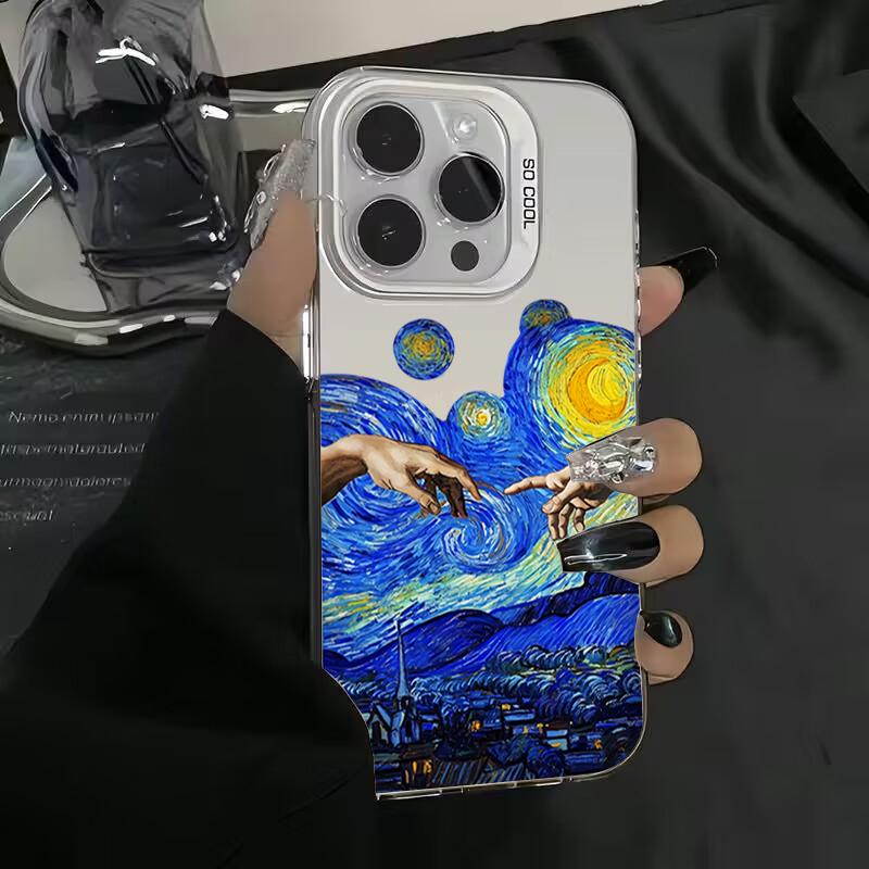 Van Gogh Oil Painting Electroplate Silver IMD Phone Case For iPhone 11 12 13 14 15 16 Pro Max 7 Plus X XR Shockproof Back Cover