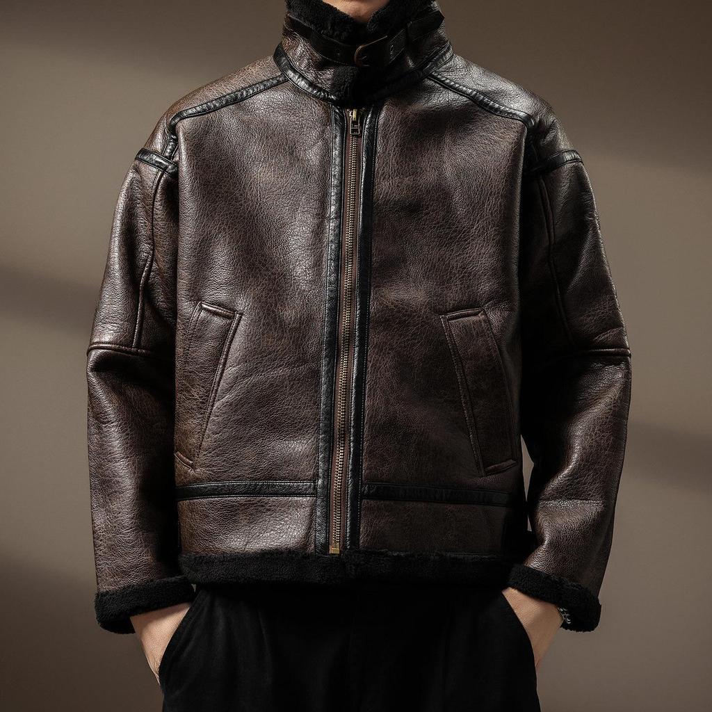 Men's Winter Retro Leather & Fur Lapel Jacket - Heavyweight Plus Velvet Warm PU Outerwear