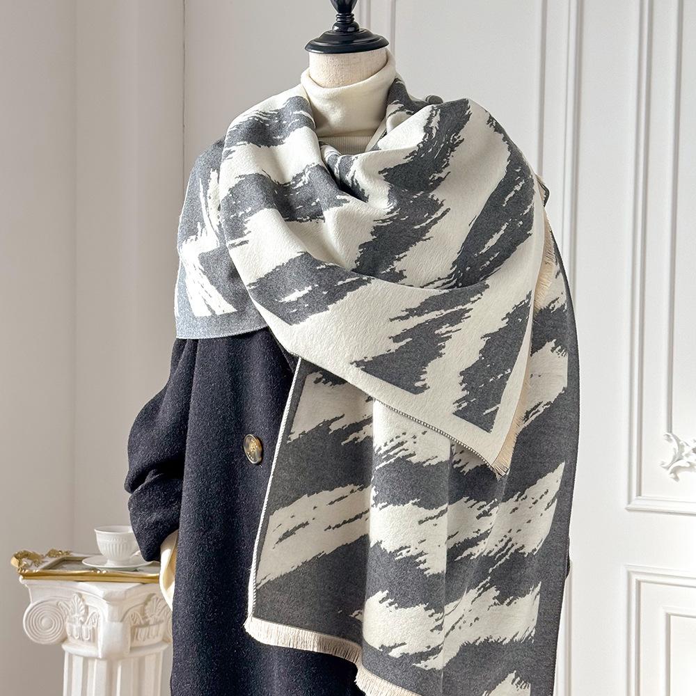 Black and White Striped Shawl, Double-sided Imitation Cashmere Scarf, Elegant Temperament Cloak, Thickened Thermal Air-conditioned Room Blanket